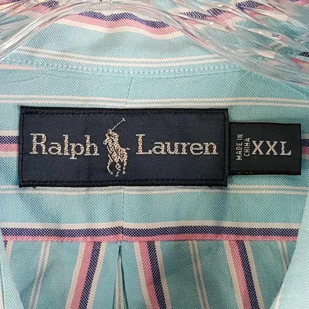 Polo Ralph Lauren Oxford Shirt Mens XXL Aqua Vertical Stripe LS Button Down
